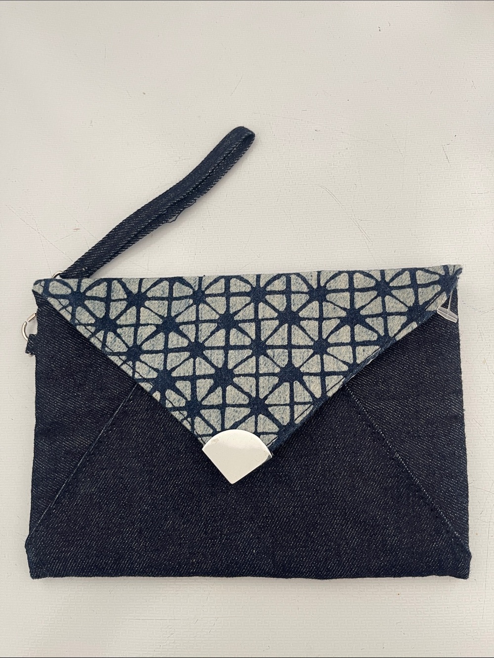 Wristlet Clutch in Navy Blue with Patterned Flap Cosmetic bag magnet clip
